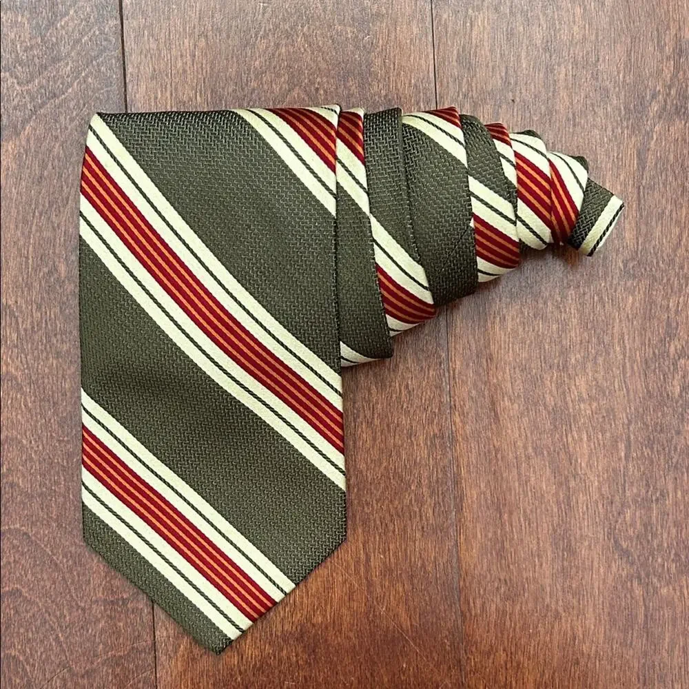 Gap Classic Retro Striped Tie in Khaki Green, Red, and Cream, 100% Silk